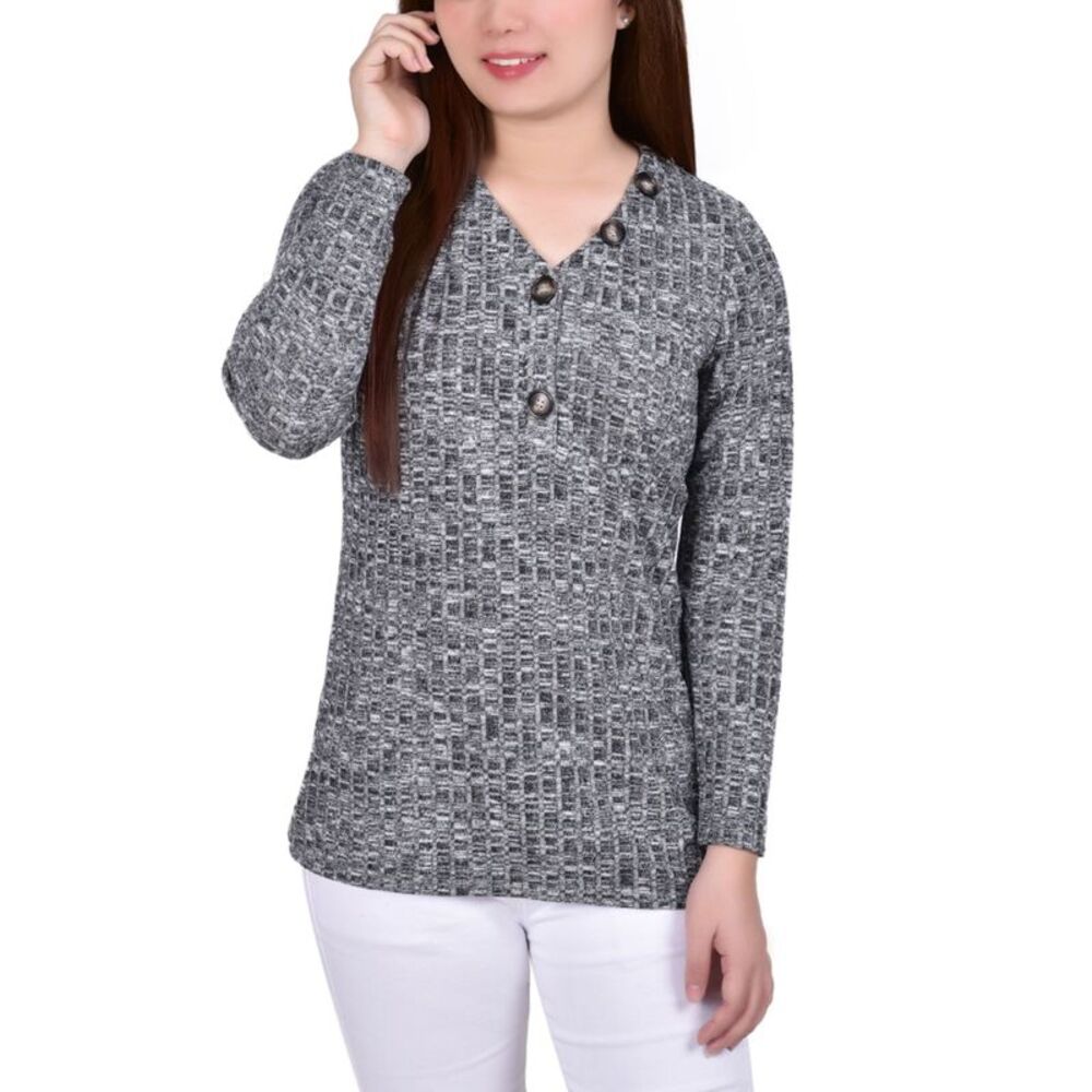 NY Collection Petite Long Sleeve Ribbed Henley Top